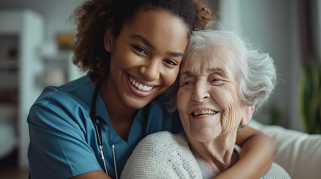 Older adult choosing clothing while a caregiver offers discreet assistance in a bright private room.